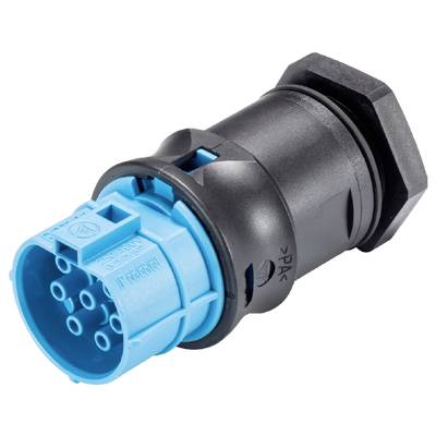 Blue and black electric plug with a round housing and multiple connection holes for industrial applications.