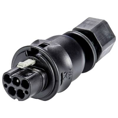 A black, cylindrical connector with multiple round contacts and a cable connection. Graphics and logos visible.