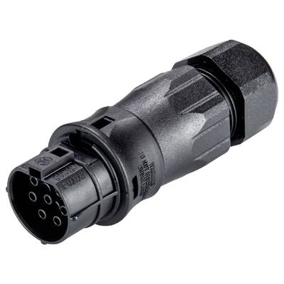 Black, cylindrical multi-pin connector, suitable for electrical connections and industrial applications.