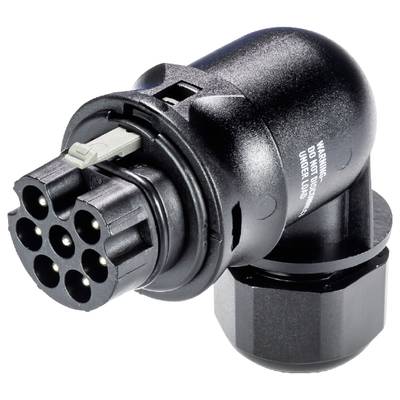 Black electric plug with seven round contacts and a side connection. Used in vehicles for trailer connection.