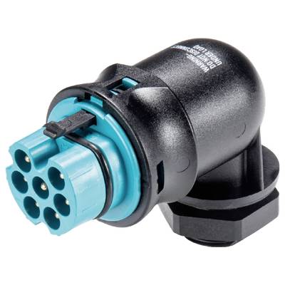 Black and blue electrical plug with six round contacts, side view, for industrial applications.