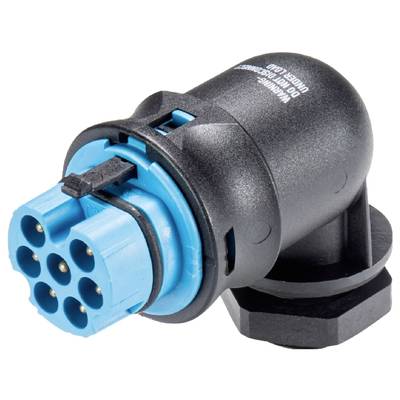 A black, angled electrical plug with a blue connection and six metal pins. Suitable for industrial wiring.