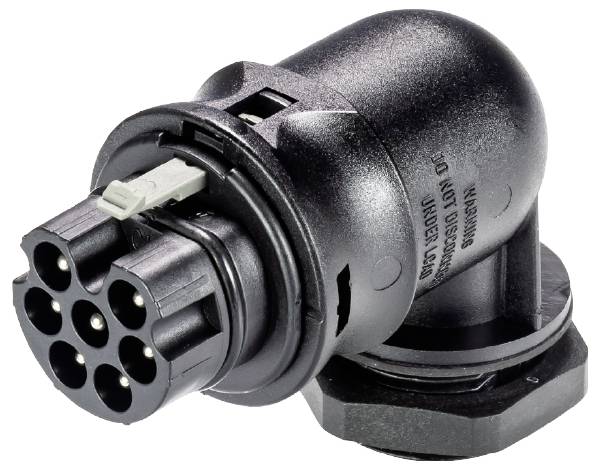Black 7-pin connector adapter with robust plastic housing, for connecting electrical devices or trailers.
