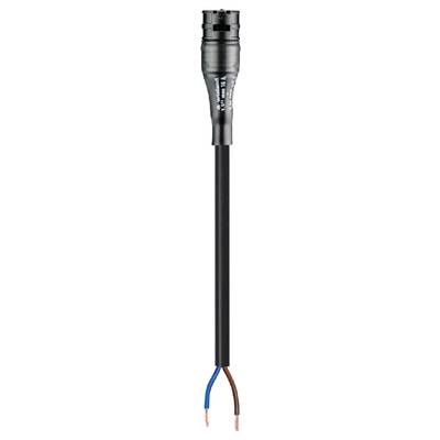 A black electrical cable with two protruding cores (blue and brown) for electronic connections.
