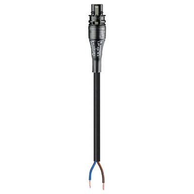 Black electric cable with two exposed copper wires: blue and brown. Connector at the top, suitable for electrical connections.