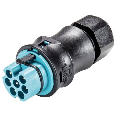 Electrical plug with a black housing and blue connection surface, suitable for industrial applications.
