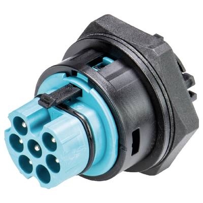 Electric connector, circular plastic plug with a blue socket and black casing, multiple contacts visible.