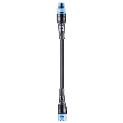 A long black flexible hose adapter with blue end pieces, suitable as a connecting element for garden irrigation systems.