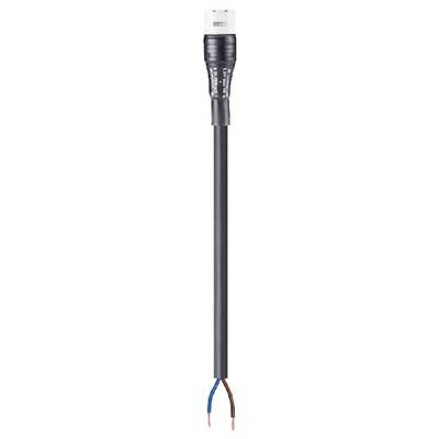 Electrical cable, black outer sheathing, with two exposed wire ends: blue and brown.