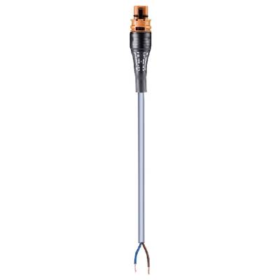 An electrical cable with a black and a blue core. At the end, an orange connector is visible.