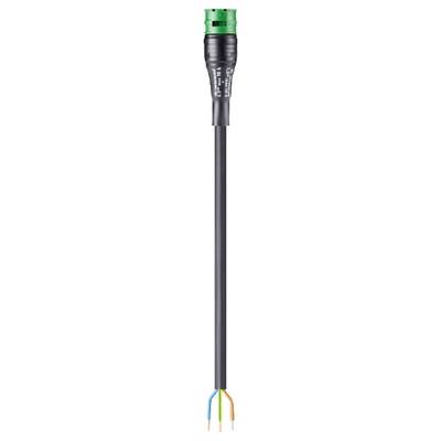 A black cable with a green connector and four coloured wire cores at the end: blue, orange, white, and green.
