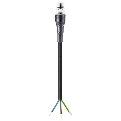 A black cable with stripped ends shows three coloured wires: blue, green-yellow, and brown. It is suitable for electrical installation.
