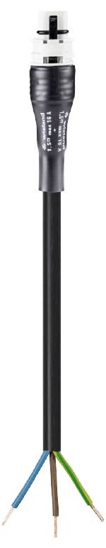 An electrical cable with a black protective sheath and three exposed conductors of different colours: brown, blue, and green-yellow.