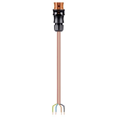 An open electrical cable with five coloured wires, attached to a black and orange connector.