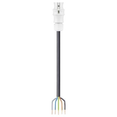 A white plug with a black cable showing four exposed coloured wires: blue, green, brown, orange.