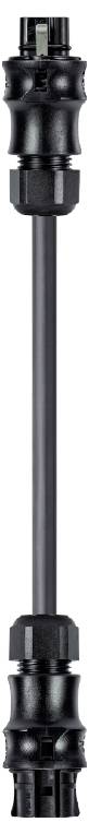 Black cylindrical connector plug with long cables on a white background. Suitable for electronic connections.