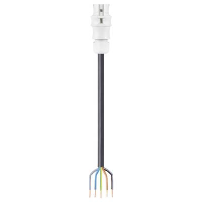 An electrical cable with exposed, coloured wires (blue, brown, green-yellow, black) and a white, cylindrical plug at the top.