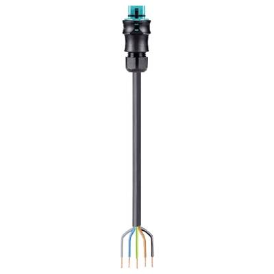 An electrical plug with a black cable and five coloured wires: blue, green, brown and two black, exposed ends.