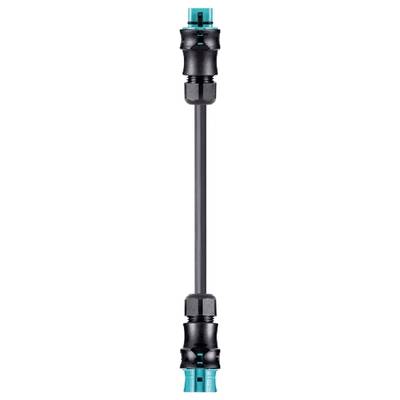 A black, long valved adapter with turquoise accents at both ends, for liquid connections.
