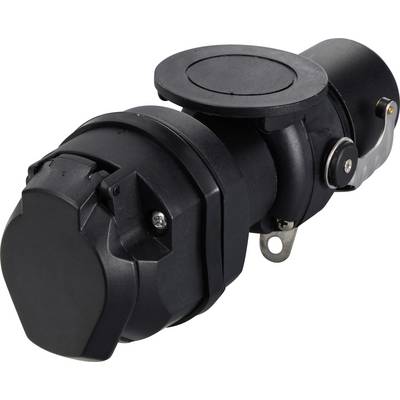 Black electrical connector with round housing and protective cap. Suitable for industrial or technical applications.