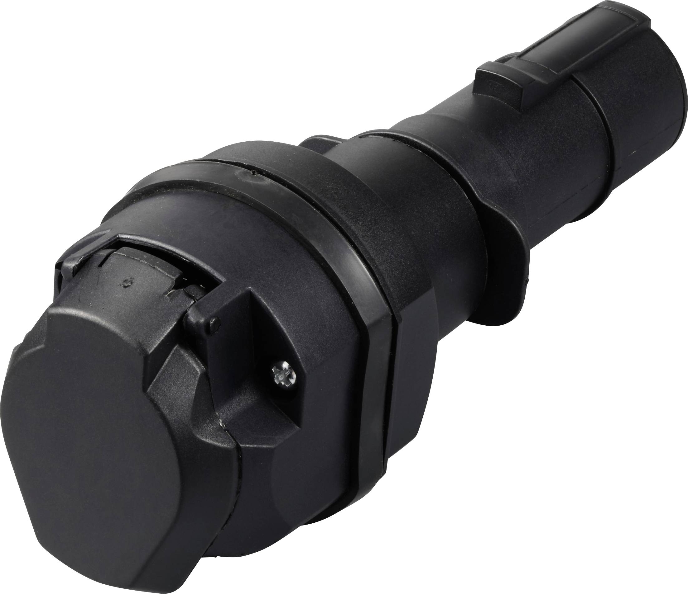 A black, cylindrical connector with rounded edges and connection elements, used for electrical connections.