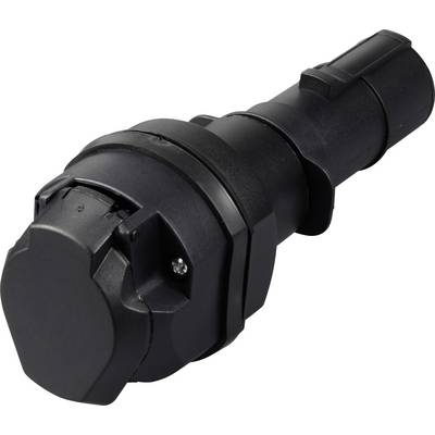A black, cylindrical connector with rounded edges and connection elements, used for electrical connections.