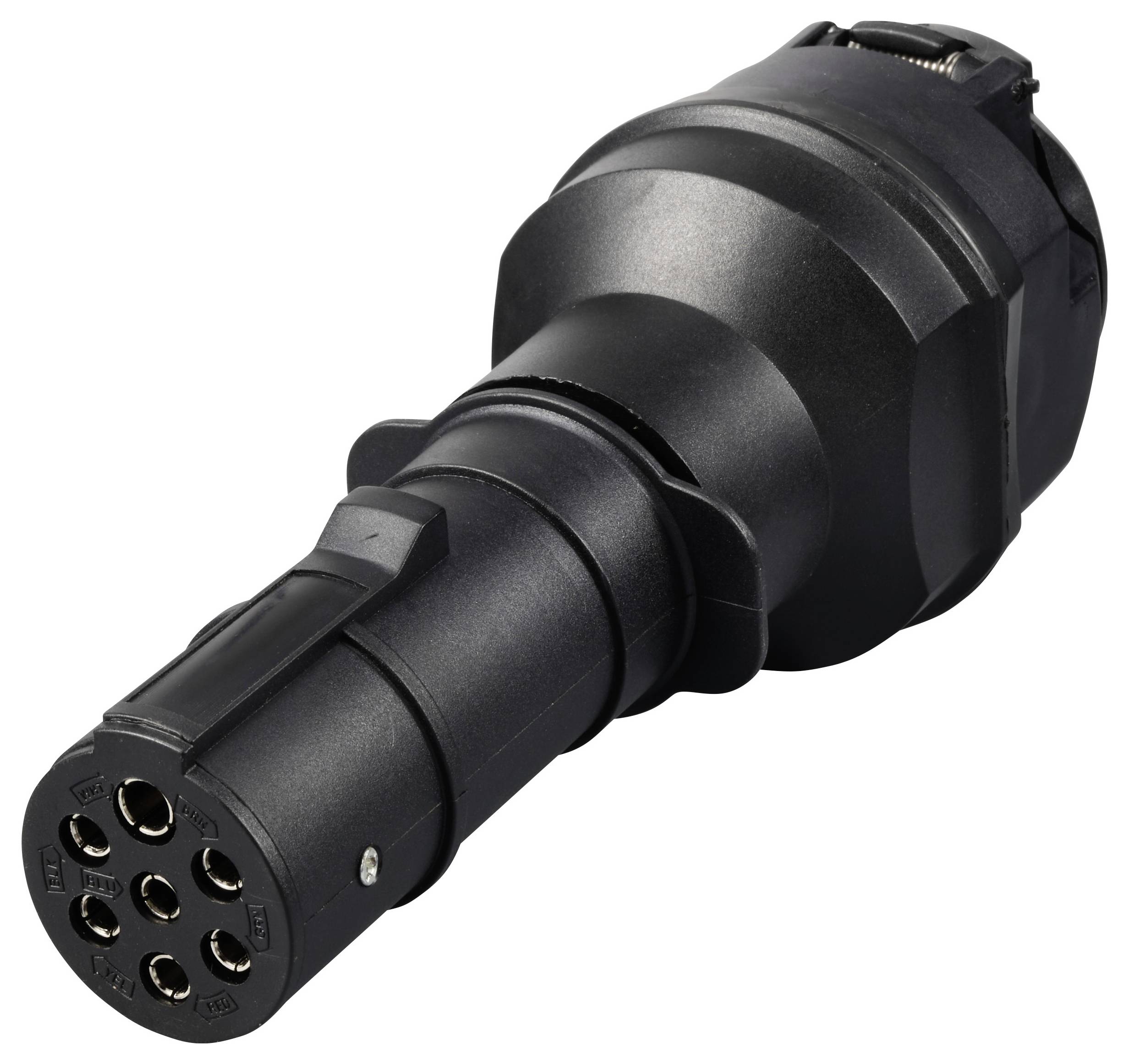 Black, round 7-pin trailer plug for connecting vehicle and trailer, used for electrical transmission.