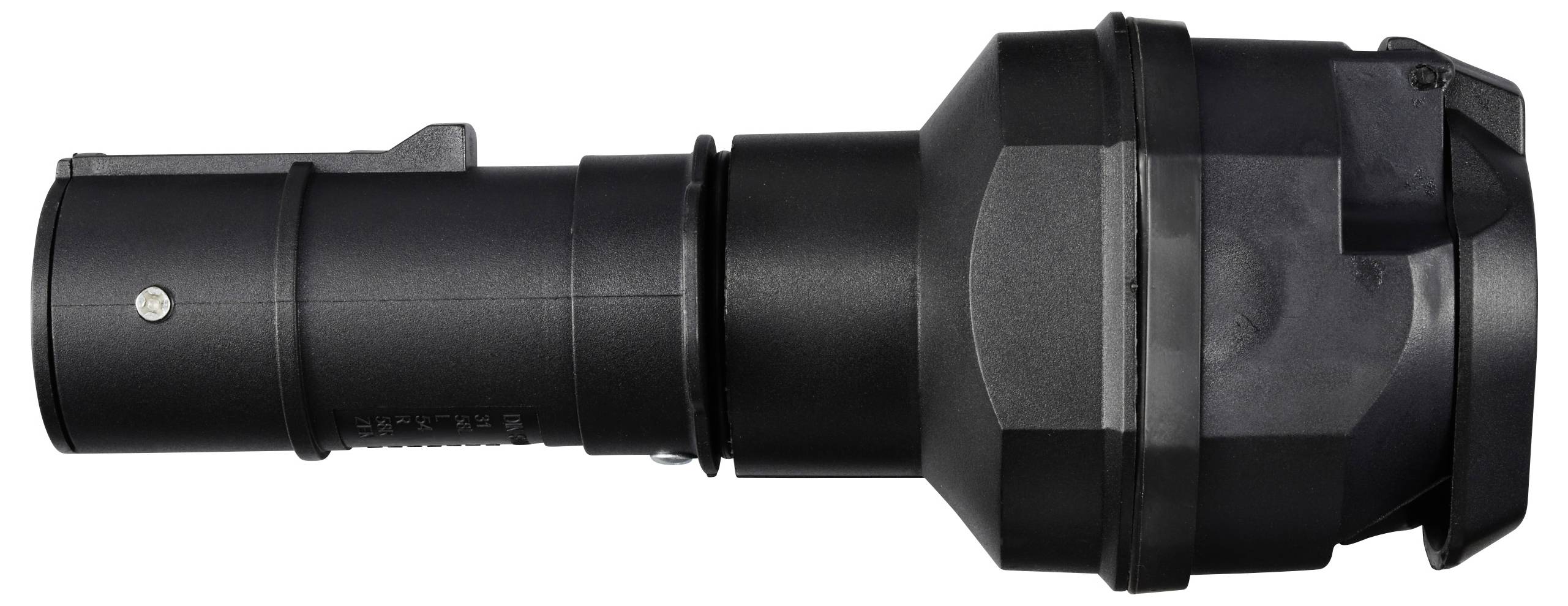 Black technical adapter with a cylindrical, ribbed structure. The adapter has a metal connection on the left side.