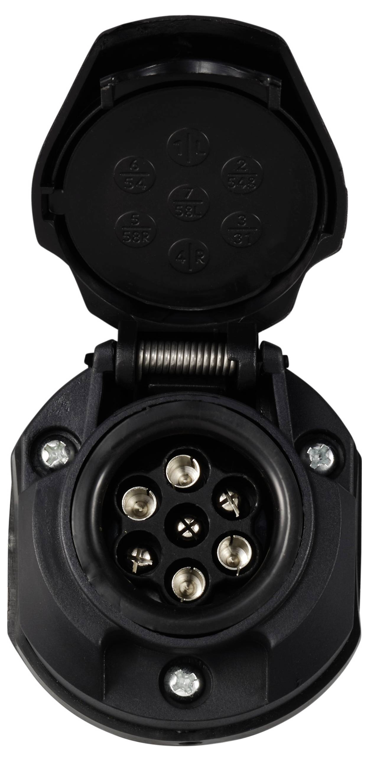 A round, black socket with seven metal pins and a hinged lid. It is used for connecting a trailer to a vehicle.
