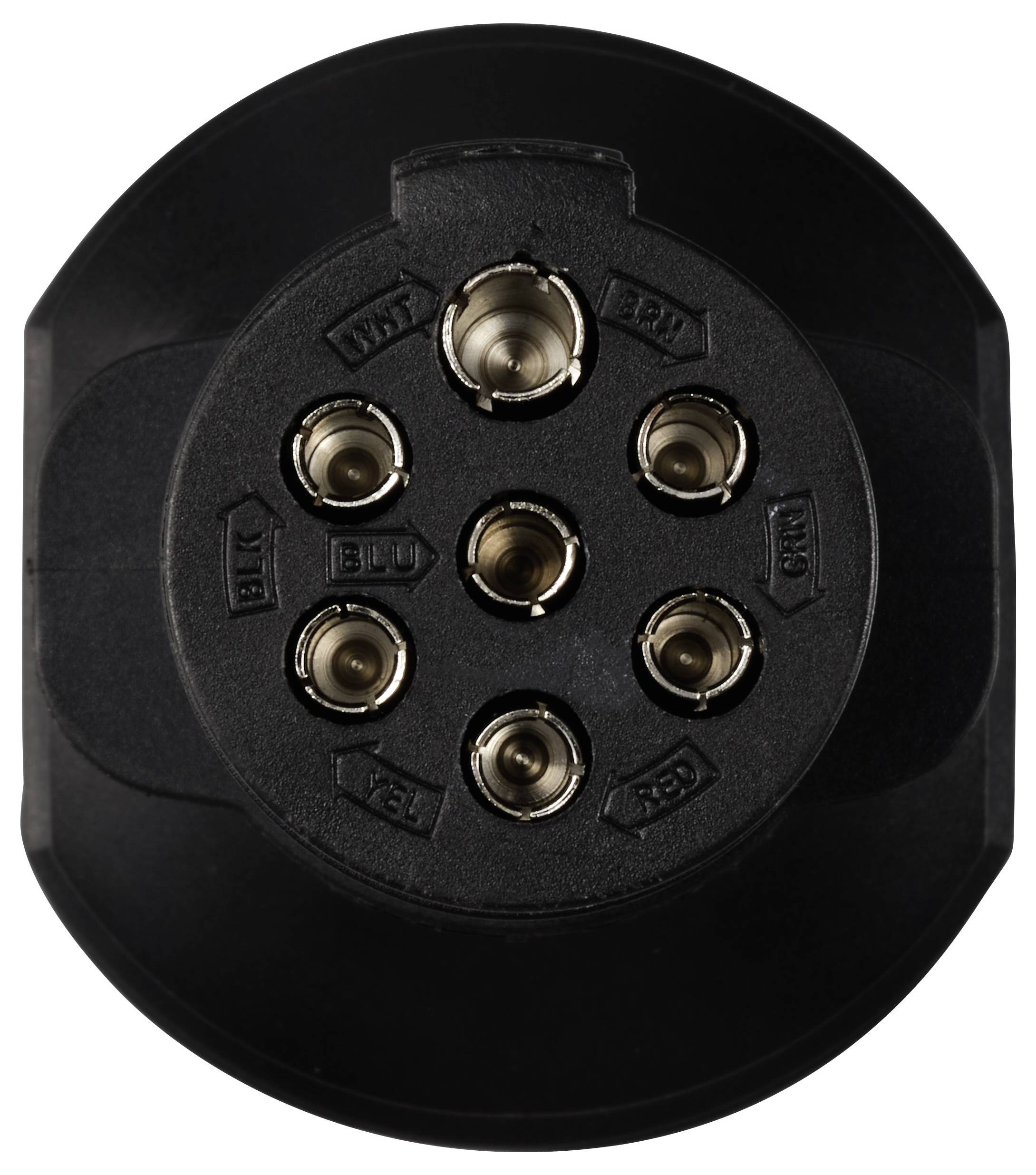 Connector with seven round metal pins, arranged in a circular configuration, mounted on a black plastic base. Primarily used for trailer sockets.