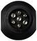 'Close-up of a round, black electrical connector with six metal pins arranged symmetrically.'