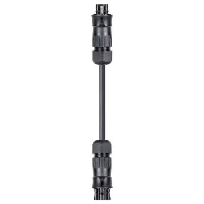 A black connector with two identical ends and a short cable between them. It is used for connecting electrical components.