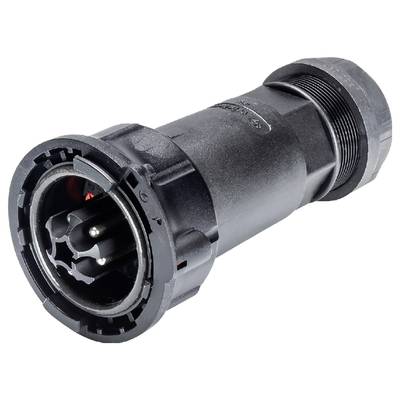 Black, cylindrical multi-contact connector. Suitable for industrial applications, robust design.
