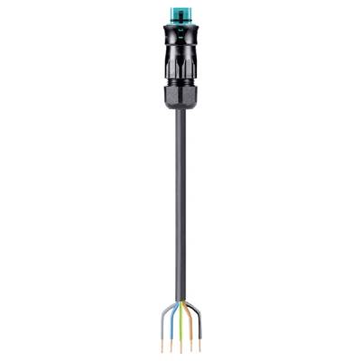 Electrical connector showing exposed cable ends in various colours: blue, brown, green-yellow and black.
