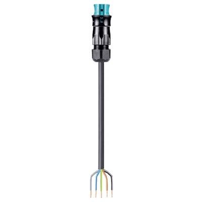 A black cable with a green connector at the top, which splits into four coloured wires at the bottom: brown, blue, green/yellow and black.