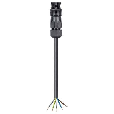 A black electrical plug with exposed cable ends in various colours.