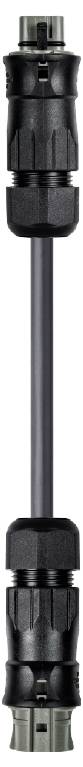 A black, cylindrical cable with connectors at both ends, suitable for electrical connections.