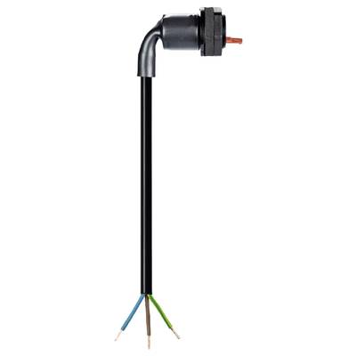 A right-angled black cable plug with three uninsulated wire ends in brown, blue, and green-yellow, suitable for electrical installations.