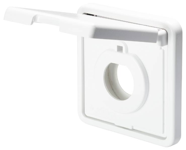 White wall cover with hinged lid, suitable for sockets or switches.