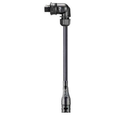 A black, curved industrial plug or adaptor with a cable. Detailed labelling is visible on the adaptor.