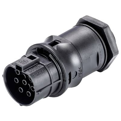 Black, cylindrical plug with multiple connections, used for electrical connections in vehicles.