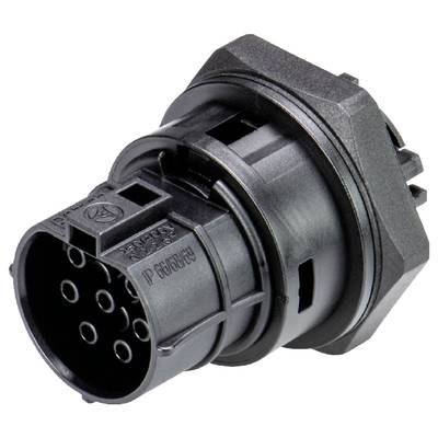 Black, cylindrical electrical connector with multiple metal pins, suitable for electrical connections in technical systems.