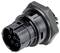 Black, cylindrical electrical connector with multiple metal pins, suitable for electrical connections in technical systems.