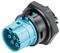 A blue, cylindrical connector with multiple contacts, surrounded by a black, hexagonal housing.