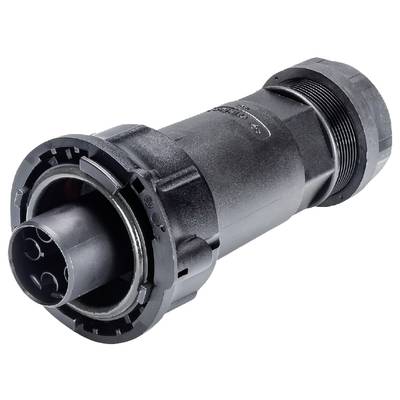 Black, cylindrical industrial plug with multiple contacts, suitable for wired connections and robust applications.