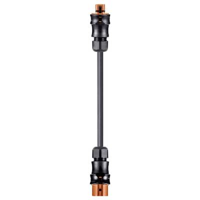 Black bicycle pump with orange accents, vertically positioned, showing details of the pump body and valve connections.