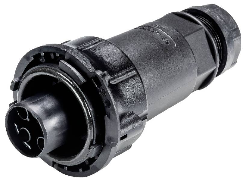 'Black, cylindrical plug with multiple connection points, used for electrical connections in devices and machinery.'
