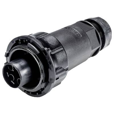 'Black, cylindrical plug with multiple connection points, used for electrical connections in devices and machinery.'