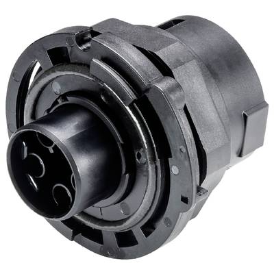 A black, round electrical connector with multiple holes and locking mechanisms is shown.