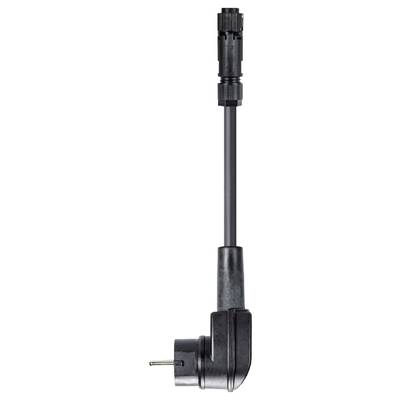 A black adapter plug with a cable and a male connector at the top. It is used to connect electrical devices.